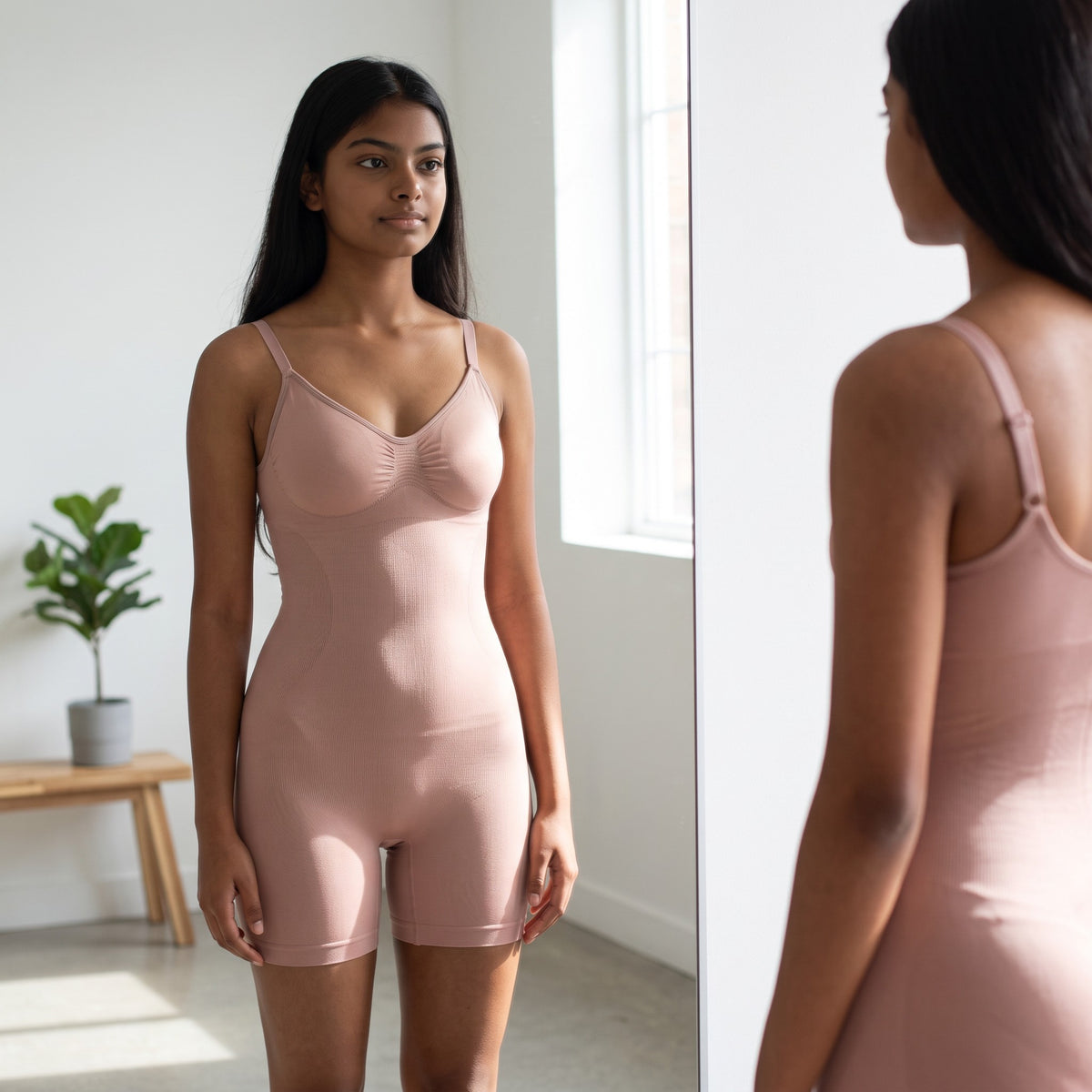 Mujer frente al espejo usando el body moldeador zafiropulse Ultra-Lift color nude de tejido suave y ajuste cómodo.