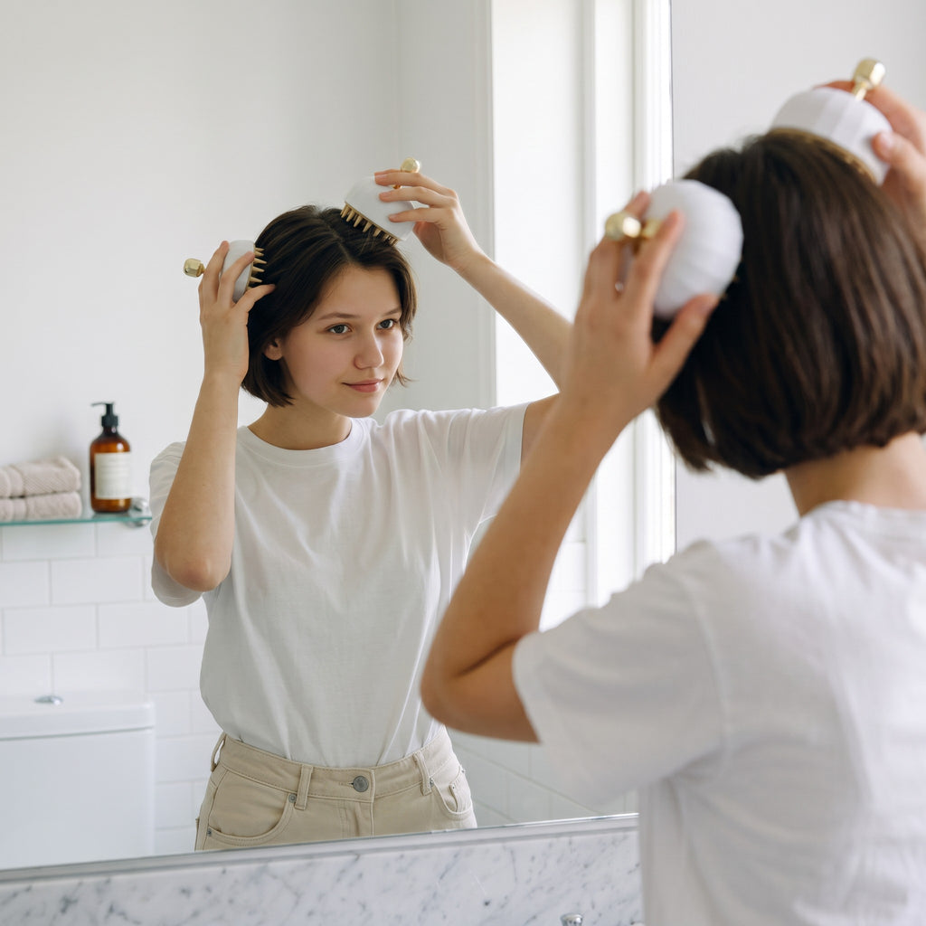Mujer usando el cepillo masajeador zafiropulse Glow Brush blanco con detalles dorados frente al espejo del baño