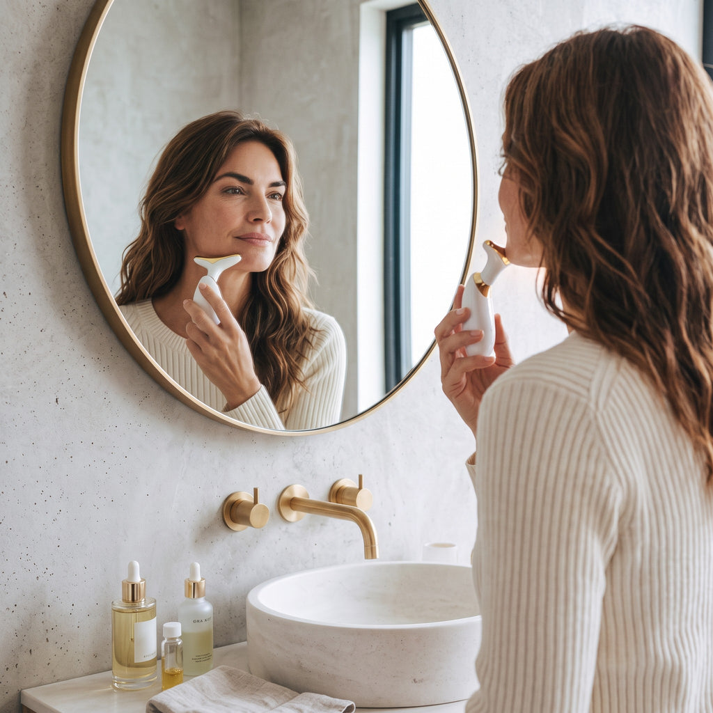 Mujer usando el dispositivo de masaje facial zafiropulse PERENNE Sonic Lift frente a un espejo de baño circular.