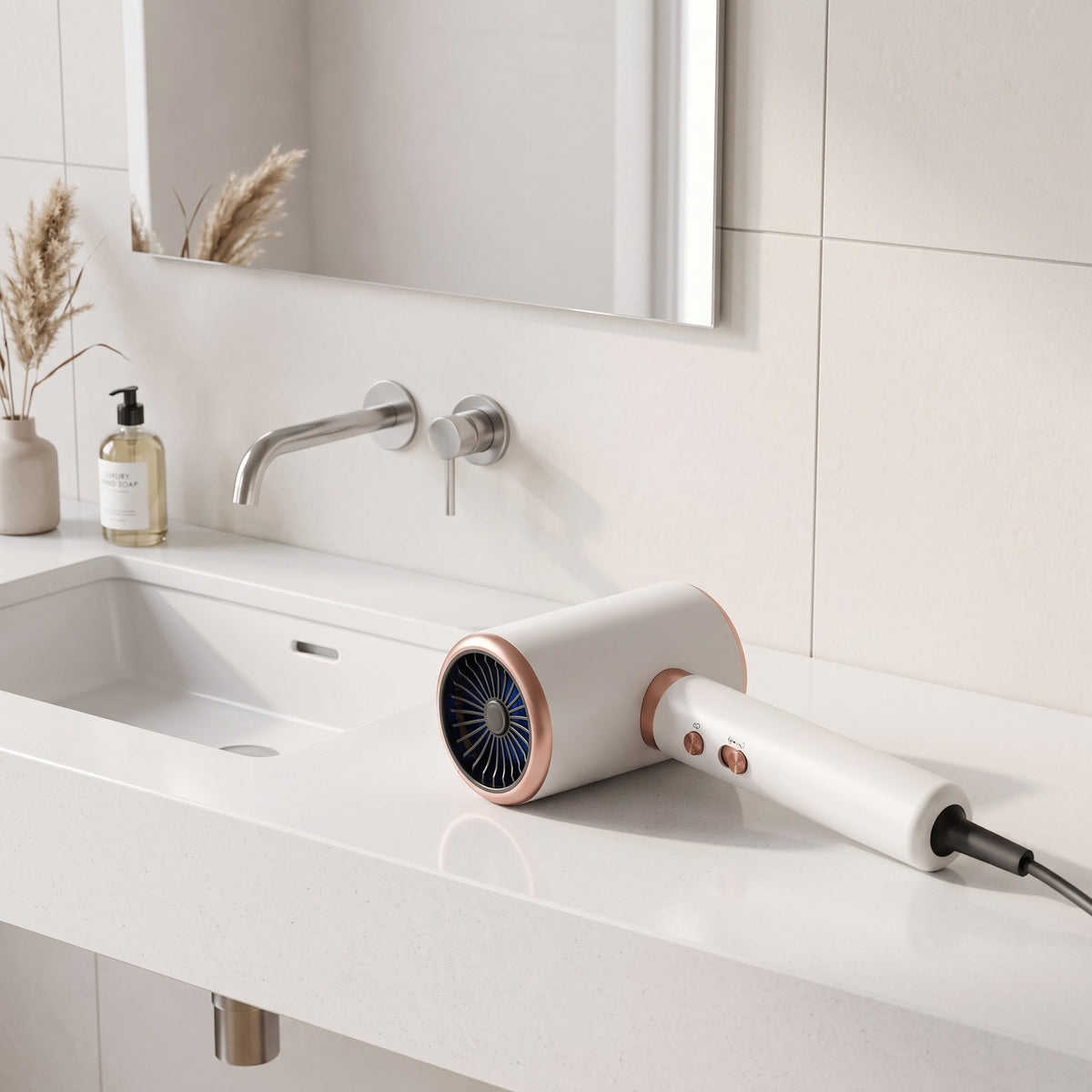 Secador de pelo PERENNE Aero-Glow Therapy de zafiropulse en color blanco y oro rosa sobre encimera de baño moderna