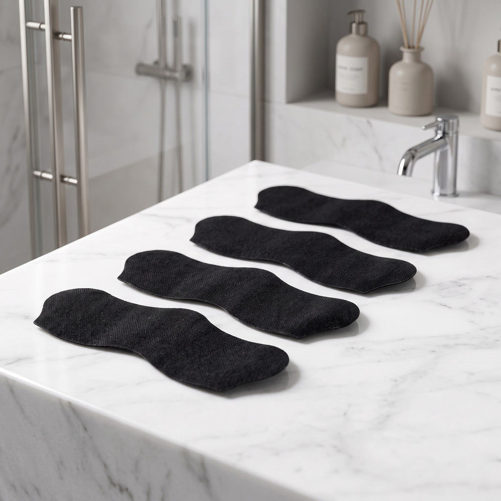 Tiras nasales negras PERENNE de zafiropulse para limpieza profunda de poros sobre encimera de mármol en baño moderno.