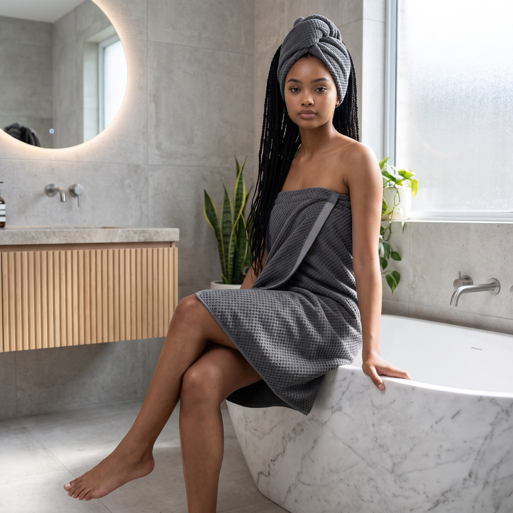 Mujer con turbante y toalla de baño gris con textura waffle de zafiropulse en un baño moderno y minimalista